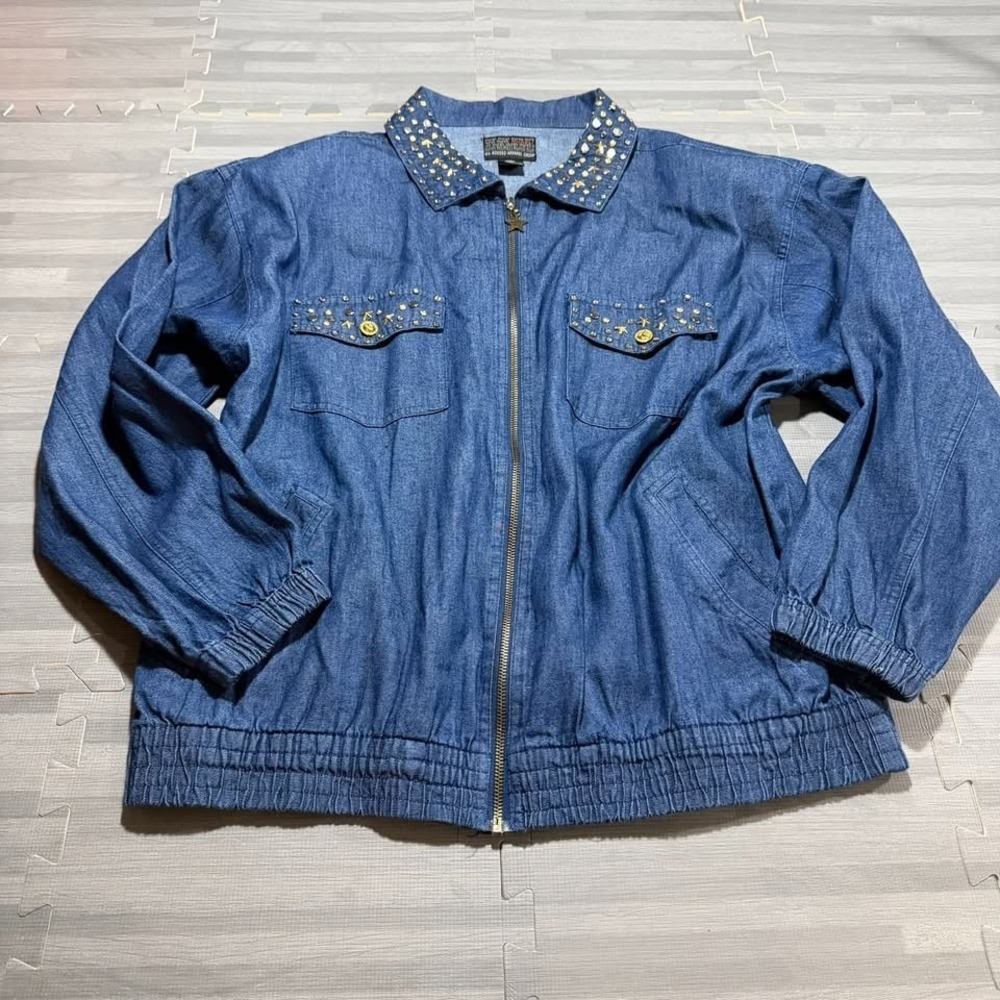 1990s Vintage Mureli Studded Denim Zip Up Bomber Jacket Rhinestone Accents